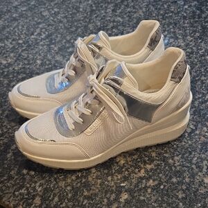 Michael Kors Women's Metallic Silver and White Sneakers